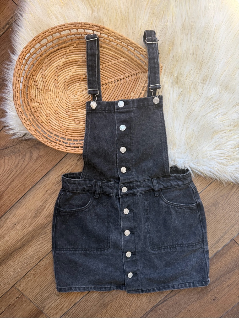 PacSun Black Jean Denim Overall Mini Dress Button Front Size Small
